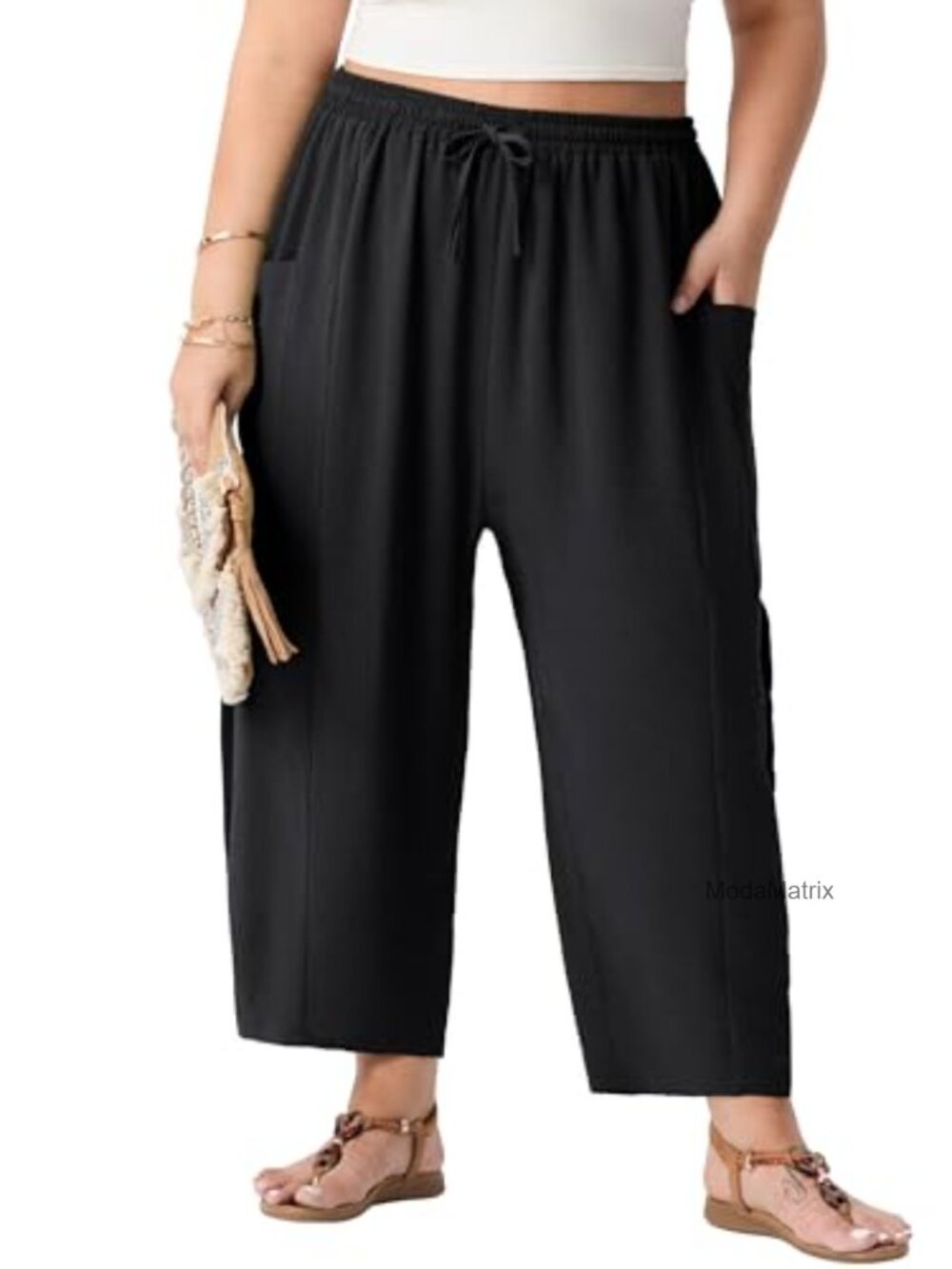 Plus Size Wide Leg Cropped High Waisted Palazzo Pants Linen-Like